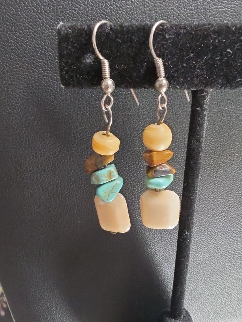 Vintage Artisan Turquoise Tiger Eye Bone and Glass Tiered Pierced Earrings